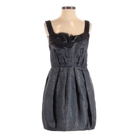 BCBGMaxAzria Runway Graphite Bubble Mini Dress 4 Silk Metallic Pleated Cocktail - Picture 1 of 10